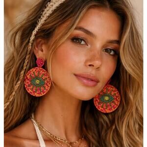 Kay Lee Orange Green Beaded Evil Eye Round Earrings New